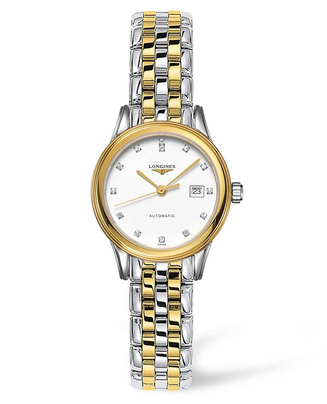 Longines Longines Flagship L4.374.3.27.7  L43743277 механические женские часы белый циферблат, браслет сталь c pvd покрытием — вид спереди